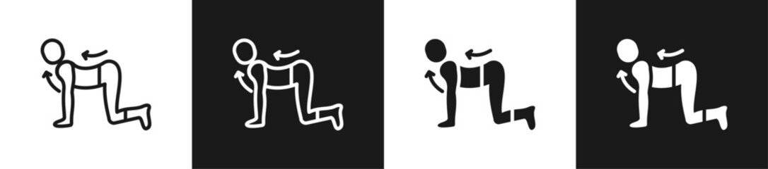 Cat Cow Pose Line And Solid Version Icon Set With Black And White Background
