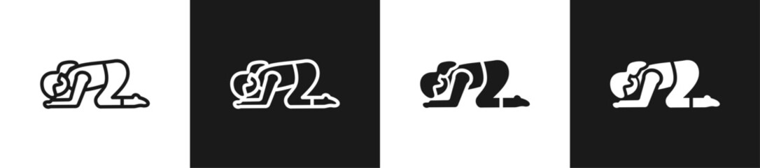 Child'S Pose Line And Solid Version Icon Set With Black And White Background