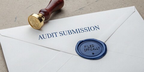 Official Audit Submission Envelope with Wax Seal and Stamp on Neutral Background for Accounting and Business Use