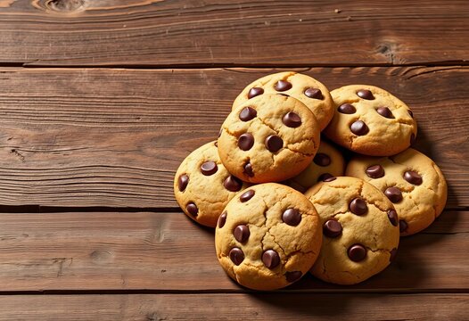 Golden-brown chocolate chip cookies arranged on a rustic wooden surface, chocolate, comfort food
