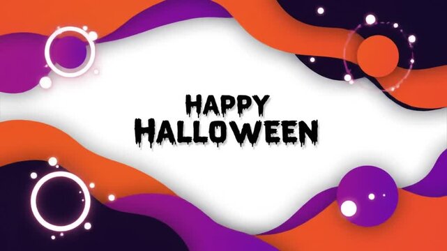 Modern abstract motion graphic featuring "Happy Halloween" text in a spooky dripping font on a white background, framed by fluid orange and purple layered waves with glowing circles.