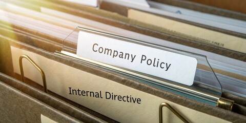 Organized file folders with labels showing company policy and internal directive for effective office management and documentation