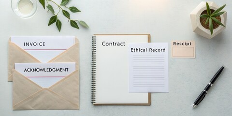 Organized office workspace with paperwork, contracts, envelopes, and potted plant for business documentation and financial record keeping