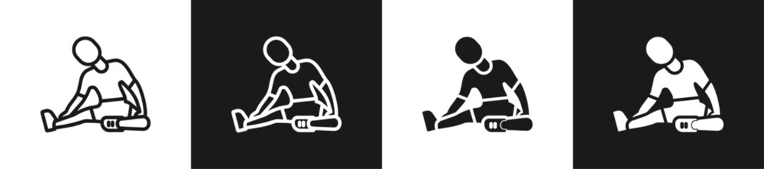 Seated Hamstring Stretch Line And Solid Version Icon Set With Black And White Background