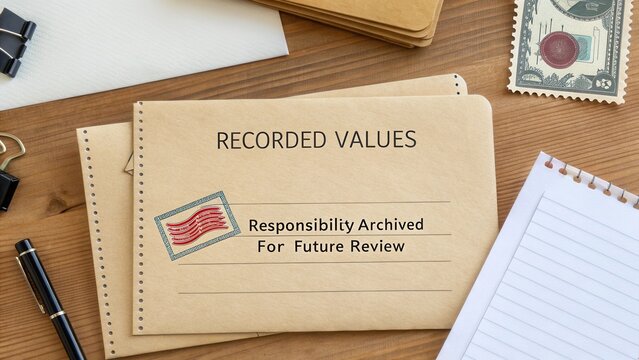 Organized Document Folders with Recorded Values and Postage Stamp on Wooden Desk Top for Archiving and Reviewing Purposes