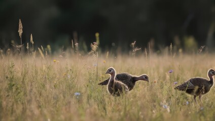 Three wild turkeys forage in a sunlit grassy meadow, with a chick in tow, at dusk