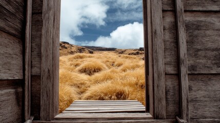 Open door reveals golden grass landscape under blue sky and clouds in natural setting