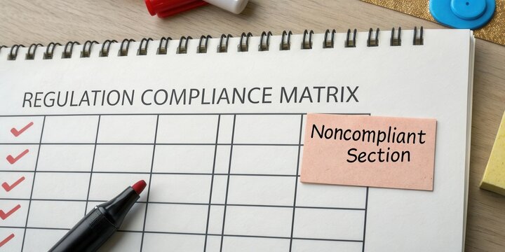 Plan for Regulation Compliance Matrix with Highlighted Noncompliant Section and Red Pen on Work Desk