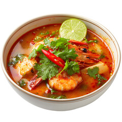 Traditional Thai Tom Yum Kung soup with shrimp, lemongrass and lime in white bowl. Top view of spicy seafood dish isolated on white background.