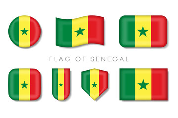 Senegal Flag Glossy Icons — Tricolor National Badges with Star Emblem Vector