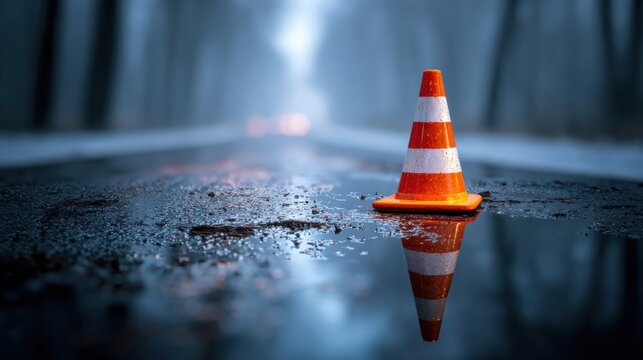 Traffic cone placed on a wet road during a foggy evening with blurred headlights in the background