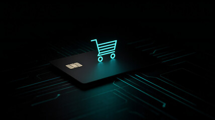 Minimal shopping neon shopping cart on credit card