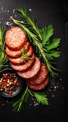 Savory slices of salami with fresh herbs and colorful peppercorns on a dark background