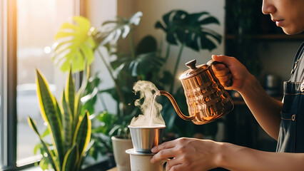 Morning ritual of a skilled barista making artisanal pour-over coffee with a gooseneck kettle amid lush green plants
