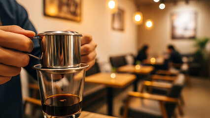 Capturing the authentic art of Vietnamese coffee brewing in a cozy, warmly lit cafe, highlighting the meticulous drip process for a rich, aromatic beverage