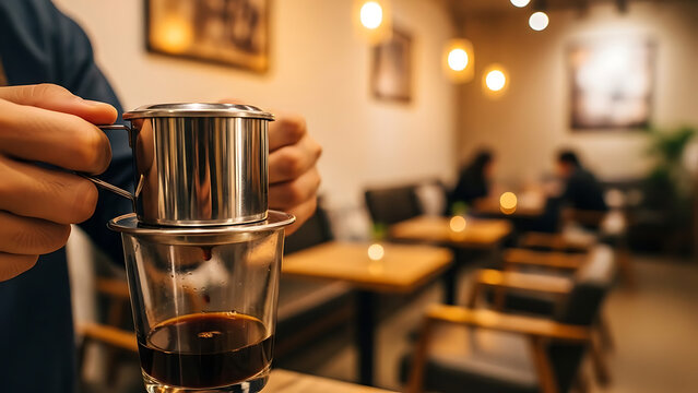 Capturing the authentic art of Vietnamese coffee brewing in a cozy, warmly lit cafe, highlighting the meticulous drip process for a rich, aromatic beverage