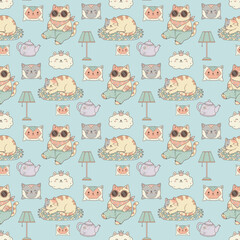 Seamless pattern of cartoon cats and teapots. Whimsical illustration of cats sitting with teapots and lamps. Colorful design on light blue