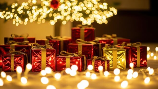 Christmas miniature village with warm glowing lights and festive gift boxes