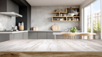 Premium Cat Food Placement in a Stylish Kitchen Setting With a Wooden Counter and Spacious Design for Product Display