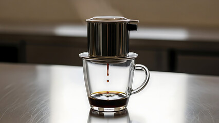 Close-up of traditional Vietnamese coffee brewing slowly dripping into a glass mug, showcasing the rich, dark beverage being prepared