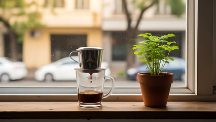 Vietnamese Coffee Preparation A Window-Side View of Tradition and Taste