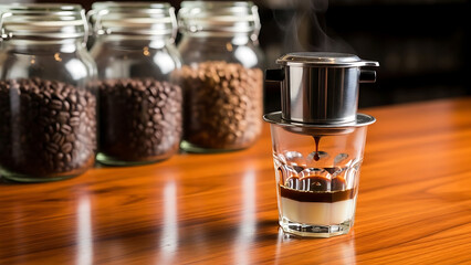 Vietnamese Coffee Brewing with Condensed Milk and Coffee Beans in Jars on Wooden Surface