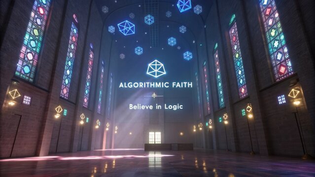 Stunning Interior View of a Futuristic Space with Alluring Stained Glass Designs Emphasizing Algorithmic Concepts and Faith