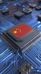 Modern computer chip featuring the flag of China with intricate circuitry in the background