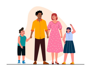 The family members consist of a man, a woman, a boy, and a girl standing side by side holding hands. Big family vector illustration. Flat illustration.
