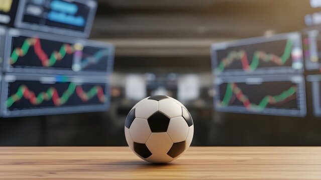 Soccer Ball on Wooden Table with Stock Market Charts in Background.