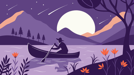 Naklejka premium Person rowing boat on lake under moonlit starry sky