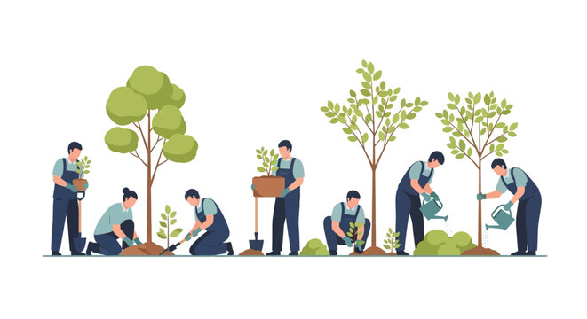 Team planting trees for a greener future, celebrating Earth Day with environmental stewardship and community engagement, showing teamwork and sustainability