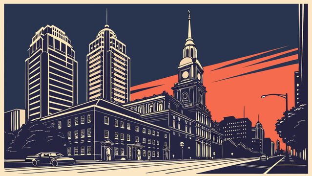 Detailed philadelphia skyline vector cityscape with tall buildings and church tower, suitable for citythemed designs, travel brochures, and architectural illustrations.
