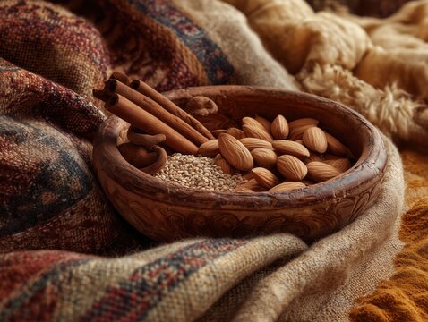 Close-up still-life of Sellou decorated with almonds, sesame, and cinnamon, arranged in a traditional bowl, warm ochre tones and textured fabrics 