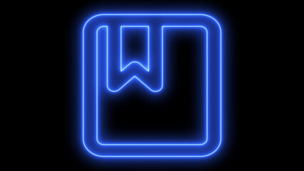 Blue neon light outline glowing bookmark icon graphic representation symbol of saving data favorites reading list interface element isolated on black background
