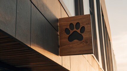 Wooden sign with dog paw print outside building during sunset in a city setting