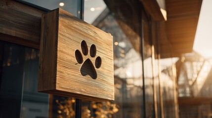 Wooden sign with a paw print at a pet-friendly cafe during golden hour