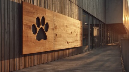 Wooden paw print sign at modern building entrance during sunset