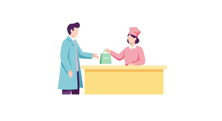 Convenient takeaway service with a chef passing a customer their order in a bag, perfect for restaurant promotions and modern food service concepts