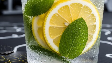 A refreshing glass of lemonade with lemon slices and mint leaves.