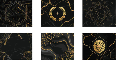 Set of luxury black marble backgrounds with gold lion, laurel wreath and floral geometric shapes for business cards.