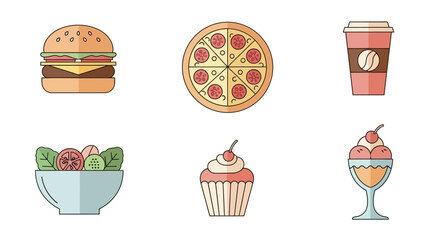 Delicious cartoon food icons with burger, pizza, salad, coffee, cupcake and sundae for restaurant menu or food app design, inviting and cheerful