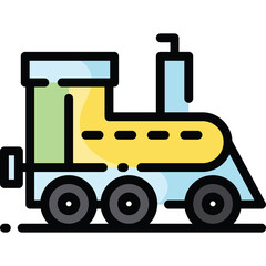 Stylized light blue and yellow toy train illustration with black outlines on a transparent background isolated vector art