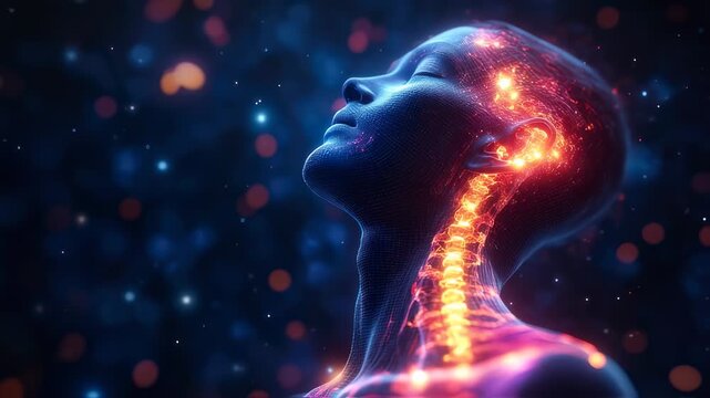 Abstract glowing human figure with spine and brain energy flow, representing health or