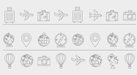 Line art illustration featuring travel icons evoking a sense of adventure and wanderlust