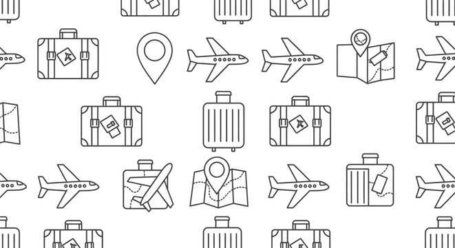 Seamless pattern with line art travel icons representing tourism and adventures around the globe