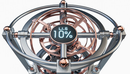 A sophisticated silver and bronze mechanical orb with complex clockwork gears and a glowing digital interface showing a percentage, symbolizing precision engineering