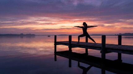 Silhouette of a person practicing yoga on a wooden pier overlooking a serene lake at sunset