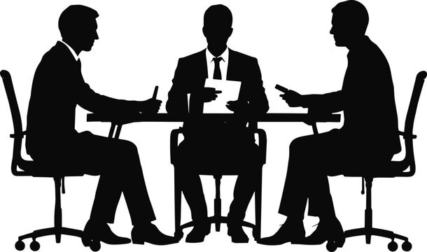 Three businessmen in silhouette sitting at a table during a meeting chairs