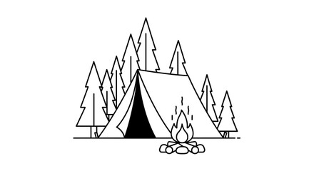 Minimalist camping scene featuring a tent, campfire, and evergreen trees outline